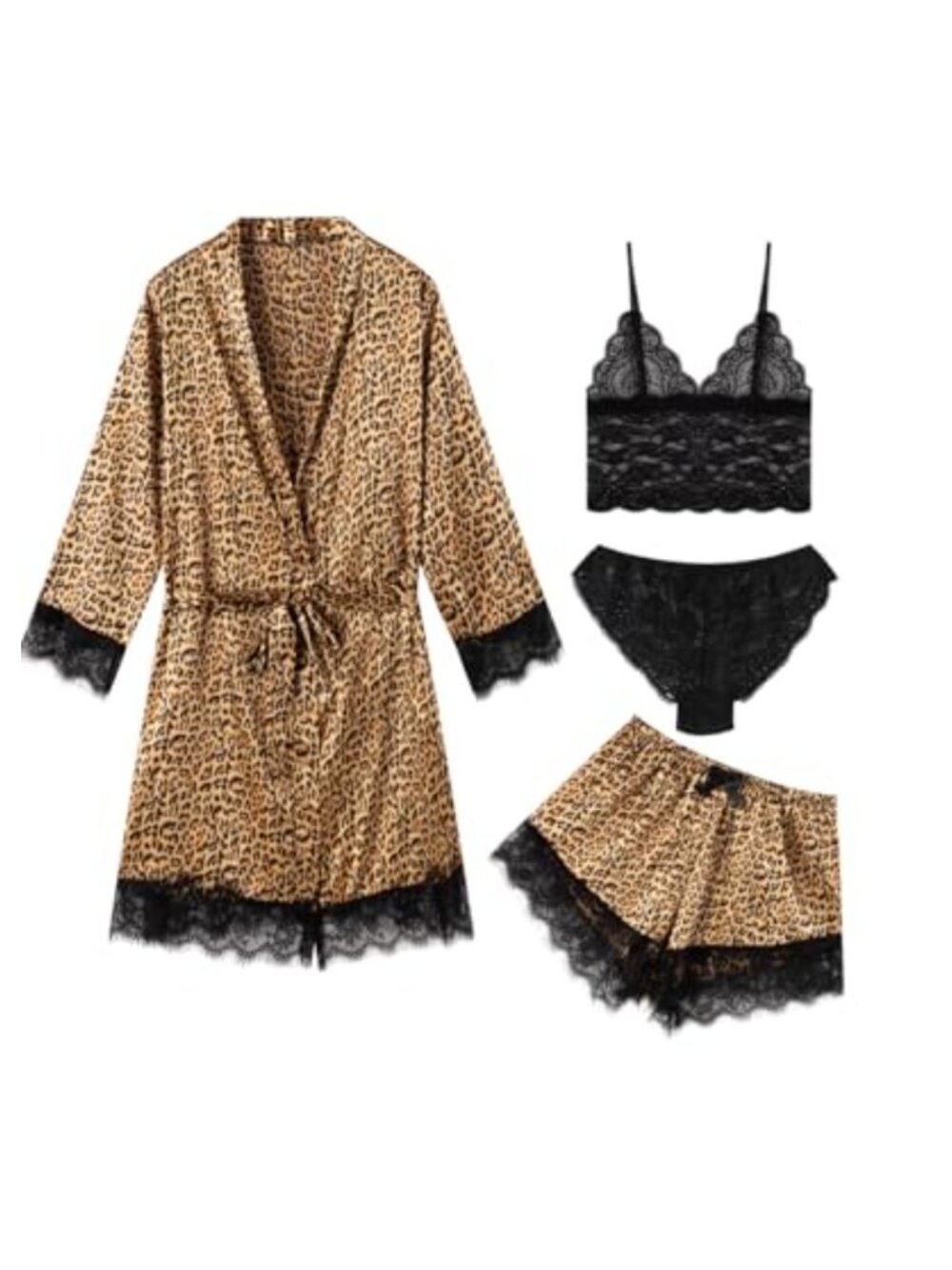 Women's 4Pc Satin Lace Cami Shorts Pajama Set with Silk Robe Sleepwear